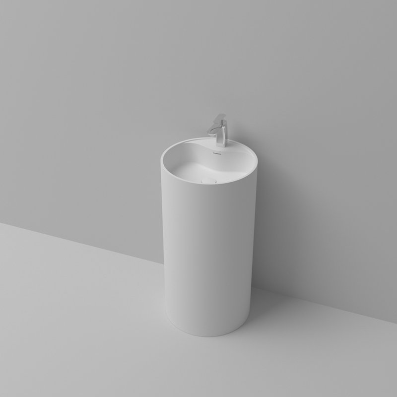 Contemporary Solid Surface Pedestal Sink 66S - 08 For Bathroom, 17.27" Depth, 34.9" Product Height, Resists Scratches And Stains, Space Saving Bathroom Basin With Matte White Finish, L X W H,