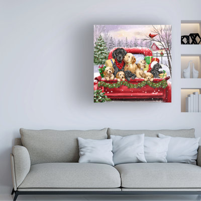 Jean Francois Dog Family On Red Truck  Canvas Art