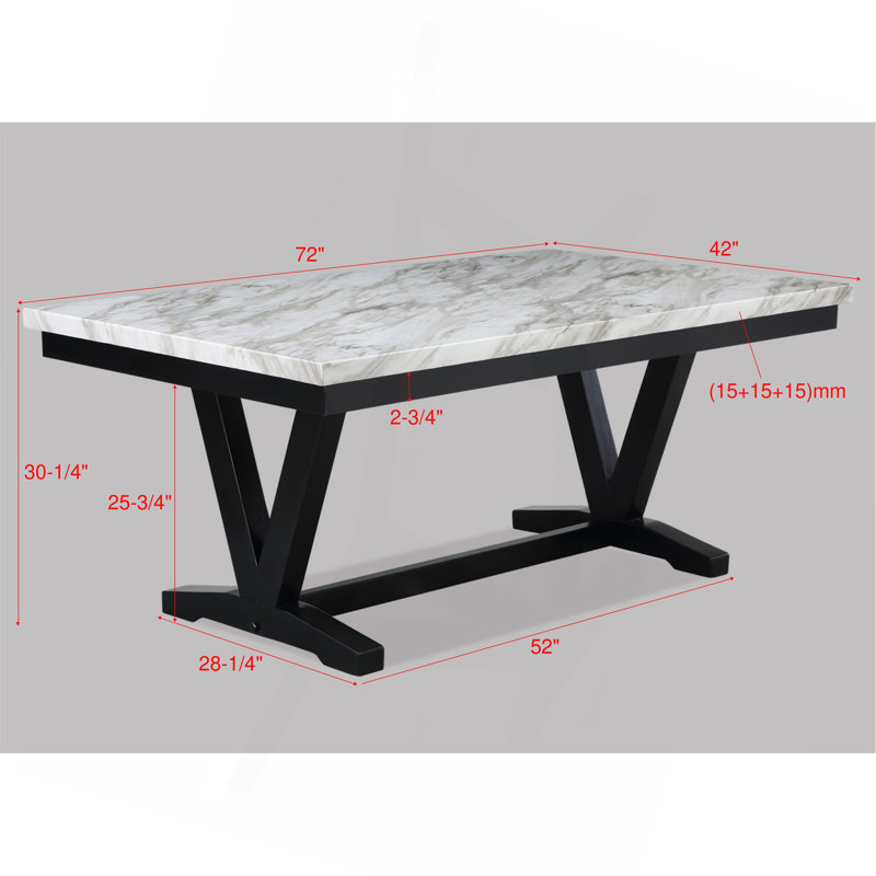 Table de salle à manger moderne moderne en faux marbre et noir avec table en V et tréteaux