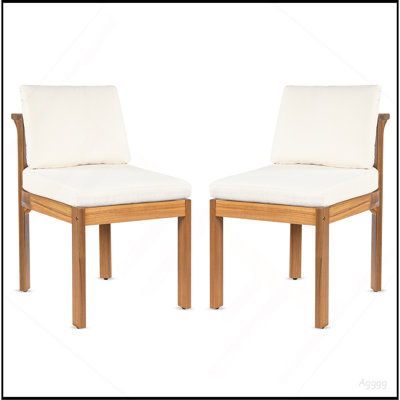 Chaise de salle à manger d'extérieur en bois d'acacia (ensemble de 2), bois au fini brun + coussins crème