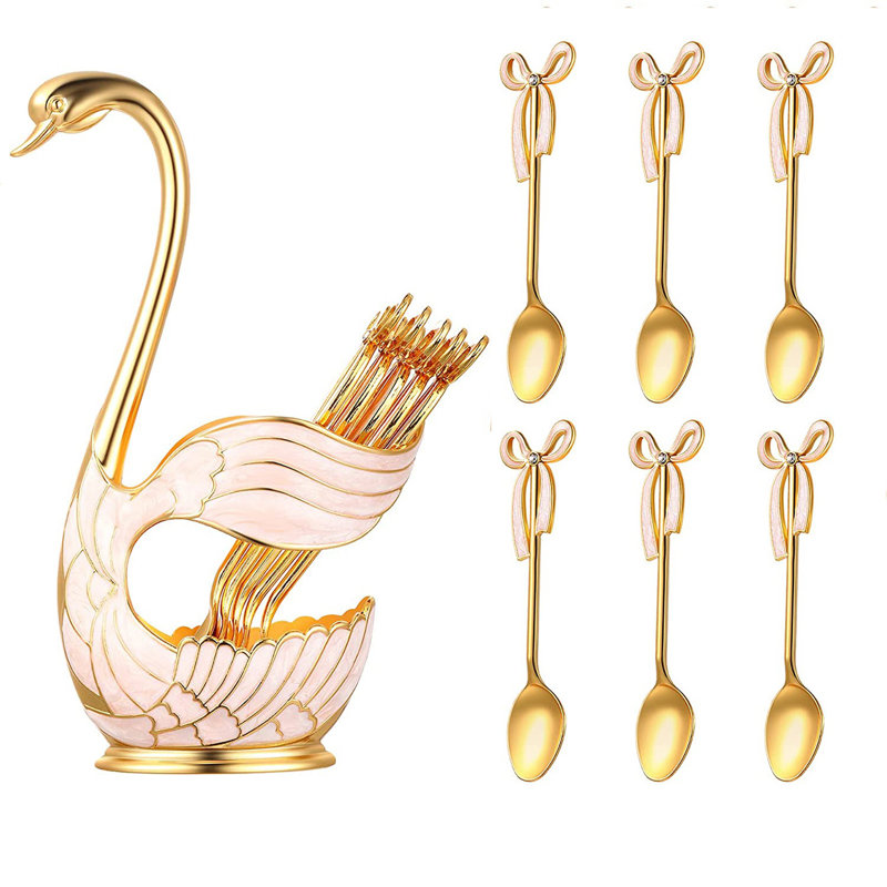 Ensemble de cuillères à dessert en métal de luxe avec porte-base de cygne avec 6 pièces de cuillères à crème glacée, fourchettes, cuillères à café, dessert, salade, sucre, couverts