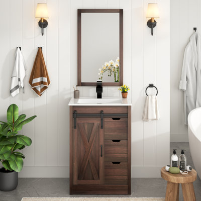 Bathroom Vanity With Sink, Faucet, Mirror, Sliding Barn Door, And Drawers