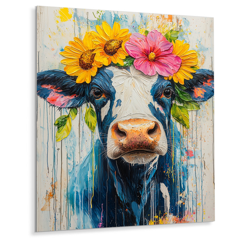 Vache peignant avec des fleurs de ferme I - Vache, art mural en métal pour le salon, H 44 po x l 34 po