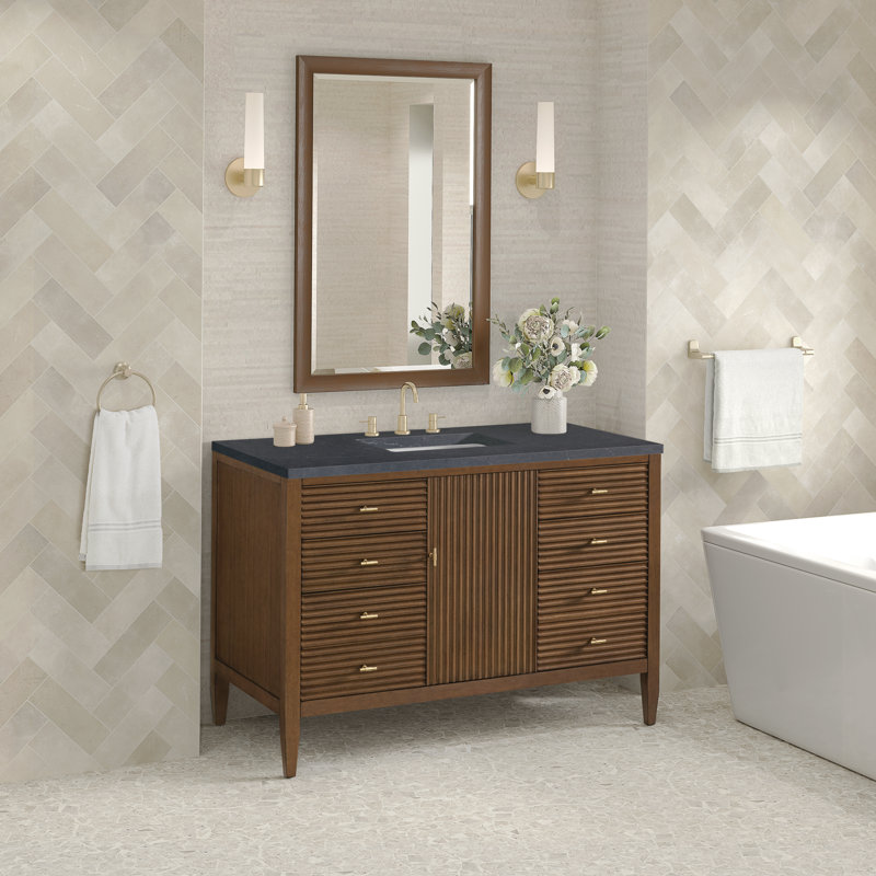 Myrrin 48'' W Single Vanity, Mid-Century Walnut, Charcoal Soapstone, 8" Widespread