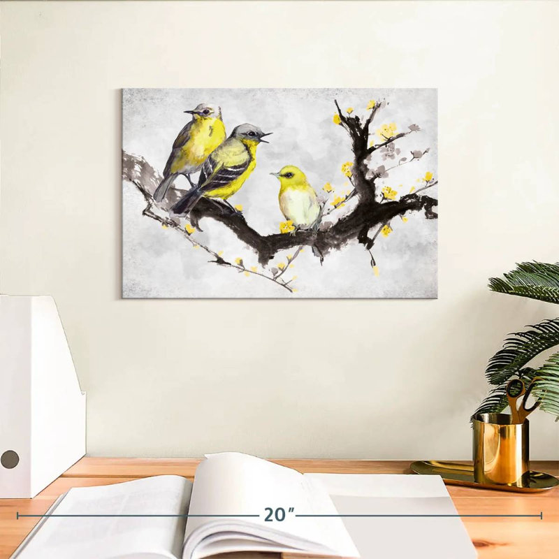 Canaris sur une branche sur toile, H 8 po x l 12 po x P 1 po