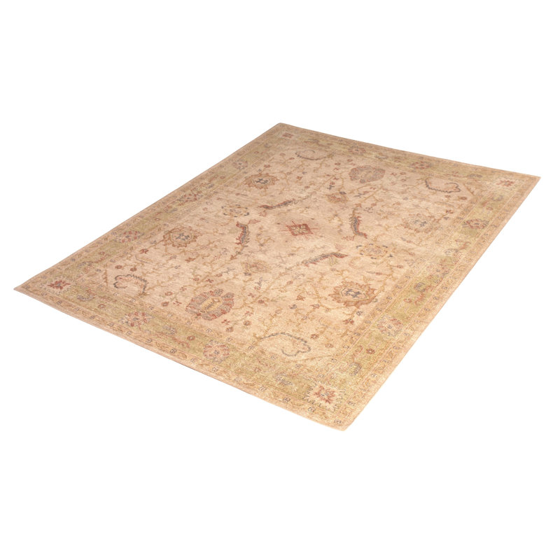 Hand-Knotted Distressed Floral Rug Beige Pink Classic Pattern, Rectangle 10' x 14'