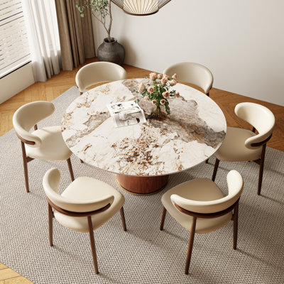 7 - Piece Round Stone Dining Table Set Solid Wood Pedestal (1 Table 6 Chairs)