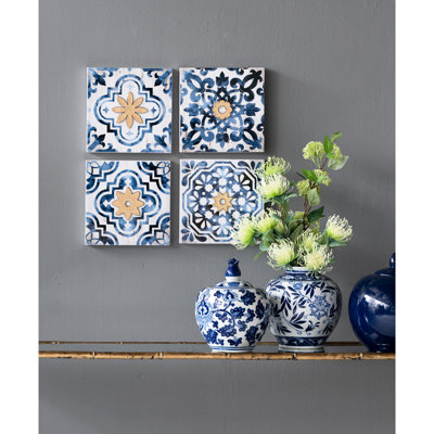 Blue, White, Gold Wall Decor , 9.5x9.5". Framed For Bedroom. Complements Modern Motifs. 95% Fir Wood, 5% Paper. 5lbs. 9.5wx9.5hx1.7d 9.5x9.5" In Gold. Office. Suits Eclectic Interiors.