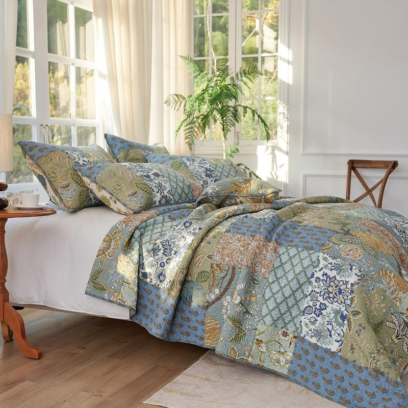 Ensemble de courtepointe 100% coton vert sauge très grand King - couvre-lit léger patchwork réversible avec taies décoratives assorties