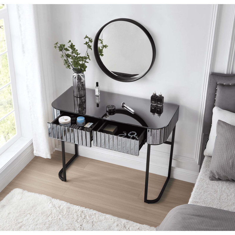 39" Mirrored Makeup Vanity Table with Stainless Steel Base, Mirrored Console Dressing Table with 2 Drawers,Versatile Desk for Bedroom and Office