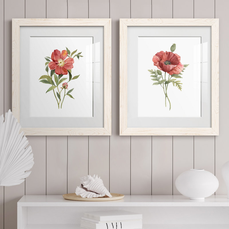Pivoine écarlate - ensemble de 2 reproductions d'art, H 24 po x l 36 po x P 1,5 po, Papier encadré blanc, Blanc
