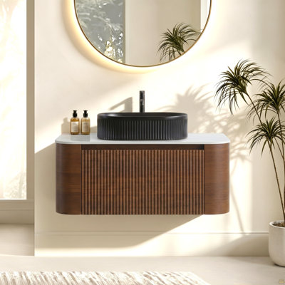 Meuble-lavabo de 36 po avec lavabo, armoire murale en noyer avec porte-serviettes gratuit, lavabo simple en céramique à rayures ovales noires, sans drain et robinet, pré-assemblé