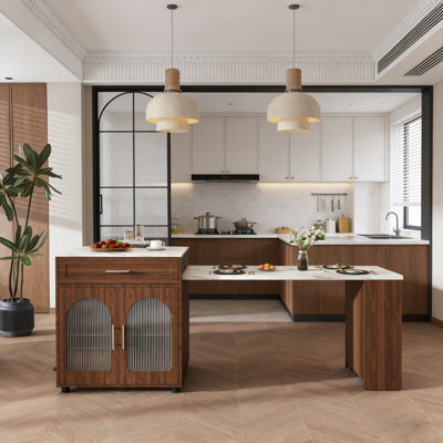 Îlot de cuisine extensible de 80 po de largeur avec plateau en faux marbre, table de salle à manger à abattants et prises intégrées