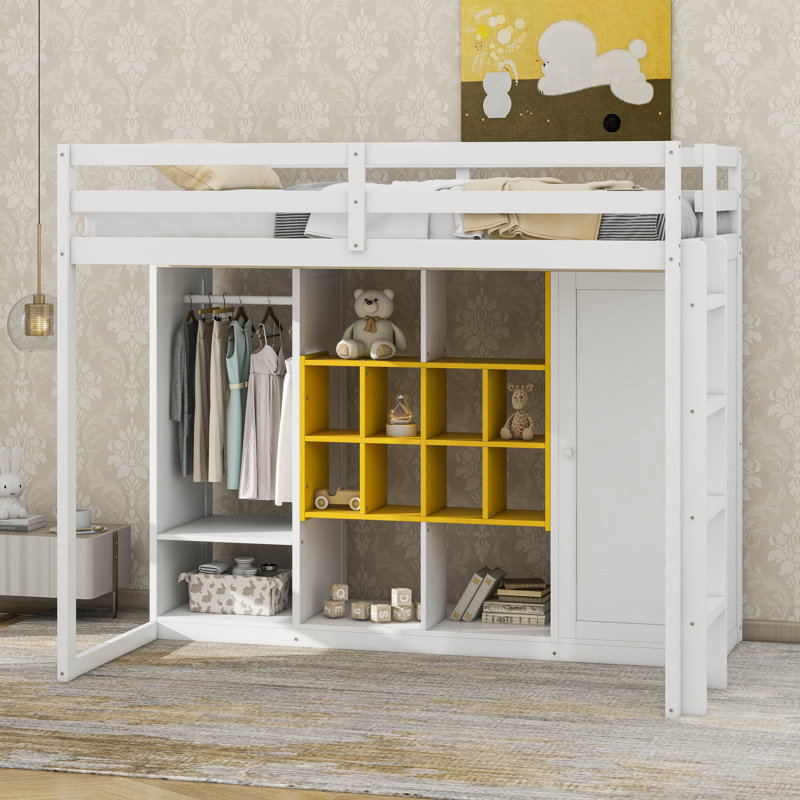  Wood Loft Bed With Wardrobe, Storage Shelves And Cabinet, White/Yellow, Twin