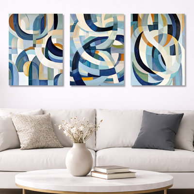 Cubist White Blue Reality I – Abstract Geometric Metal Wall Print Set of 3
