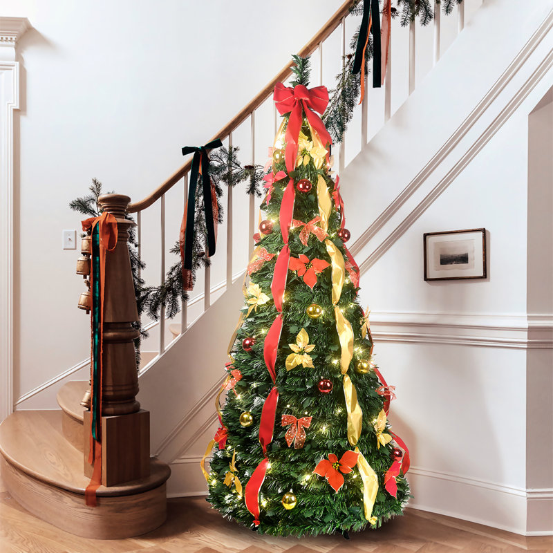 Arbre de Noël de 6 pi avec fonction escamotable, 150 lumières et éléments blanc chaud, convient aux petits espaces de bureau