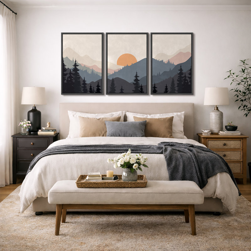 "Sun Mountain Landscape" Tranquil Orange Sunset Layered Hills, Reproduction avec cadre flottant, H 36 po x l 72 po, Noir