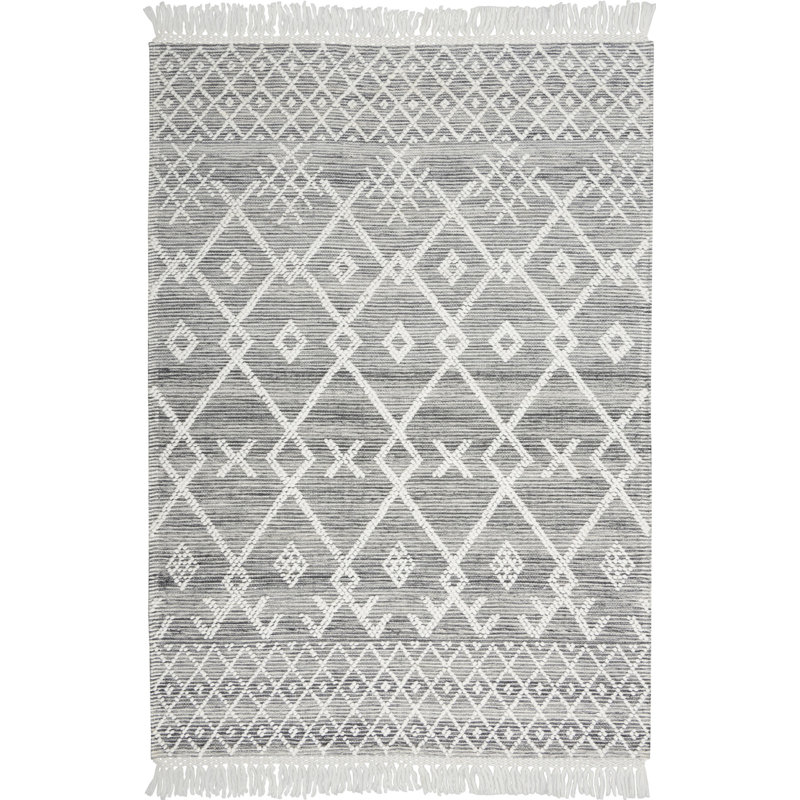 Tapis gris et ivoire tissé à la main 5 pi x 8 pi avec franges, Rectangle 5 pi 3 po x 7 pi 6 po