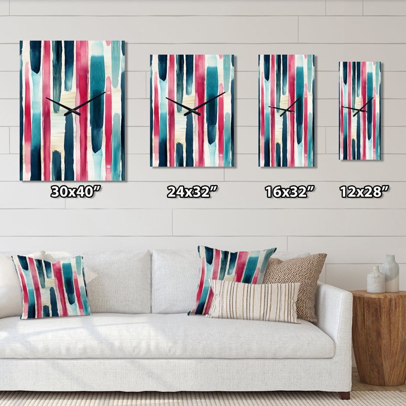 Motif rayé bleu et rose - Horloge murale moderne surdimensionnée, H 28 po x l 12 po x P 1 po
