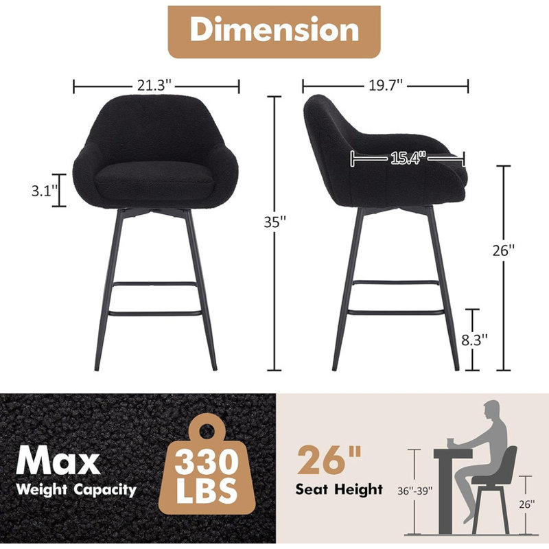 Ensemble de 2 tabourets de bar pivotants de 26 po de hauteur moderne pour îlot de cuisine, Noir
