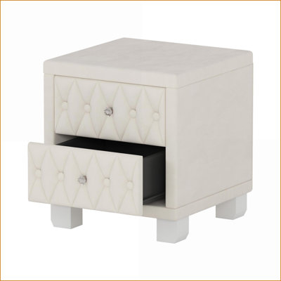 Beige Velvet 2-Drawer Nightstand with Crystal Handles &amp; Easy Assembly