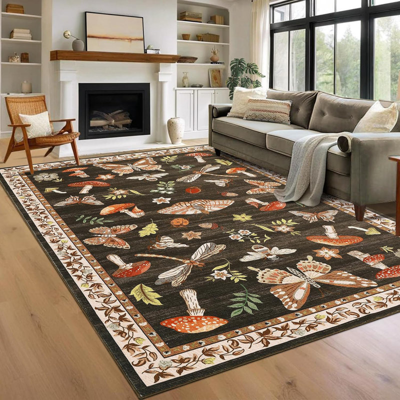 Tapis brun champignon 240 x 300 cm, tapis floral vintage pour salon, chambre, bureau ou salle à manger, Brun, 8*10ft