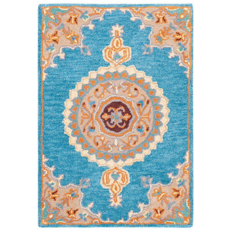 Clavene Hand Tufted Wool/Cotton Oriental Rug in Yellow/Blue, Rectangle 2' x 3'