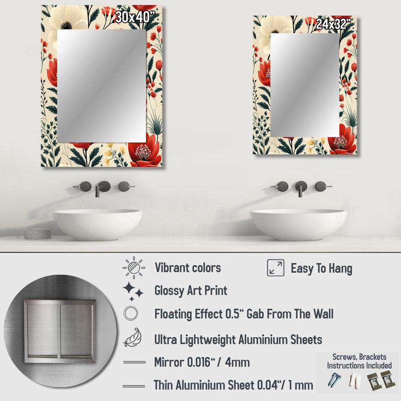 Motif floral rétro rouge et beige Breznau - miroir mural floral unique, miroir floral, impression d'art en métal