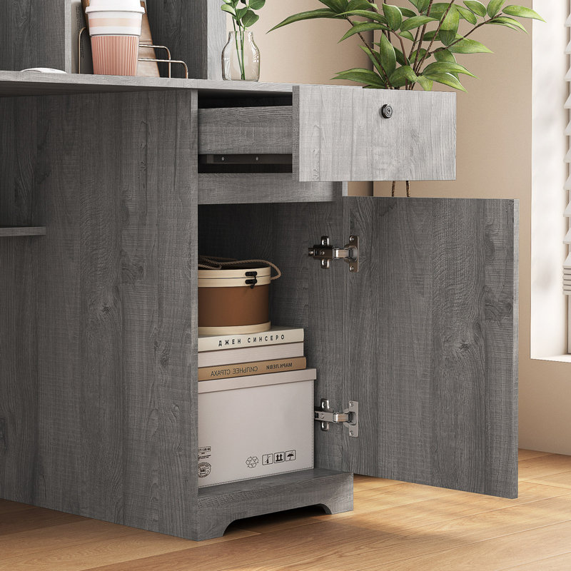 Wooden Computer Desk With Bookshelf, Cabinet, Drawer And 3 AC Outlets And 2 USB Charging Ports, Grey