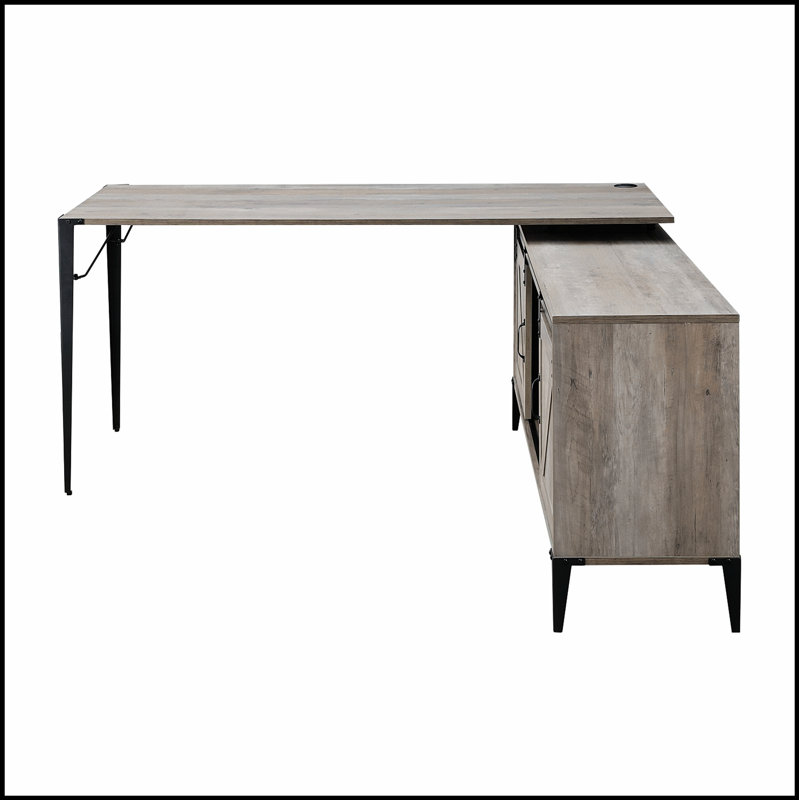 Bureau d'écriture en L avec armoire, portes de grange coulissantes, rangement spacieux et fabrication en bois composite durable pour les bureaux à domicile modernes.