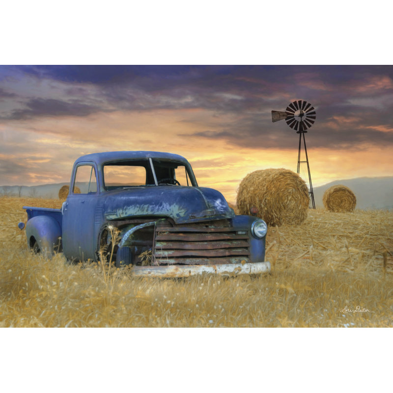 «Old Chevy with Windmill» par Lori Deiter - reproduction, H 8 po x l 12 po, Toile tendue