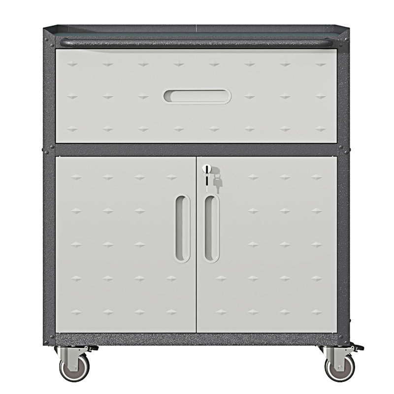 Armoire à outils en métal avec roulettes, armoire de rangement avec 1 tiroir et 2 portes verrouillables, armoire de rangement pour outils roulants, armoire de hall d'entrée