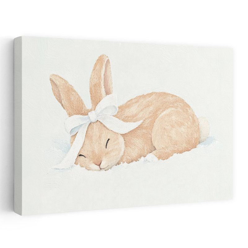 Sleeping Bunny With Bow Peaceful Contemporary Rabbit Forest Wall Art Print by Mathieu - Wrapped Canvas Print