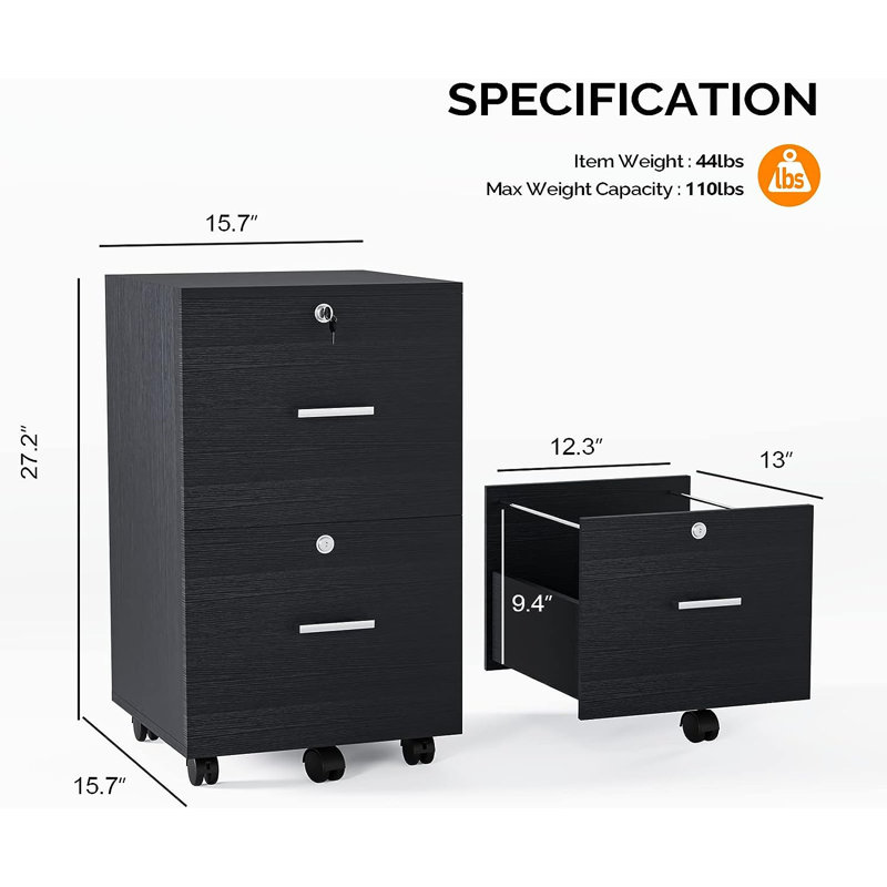 Kayeson 15.7'' Wide 2 -Drawer Mobile File Cabinet, Black