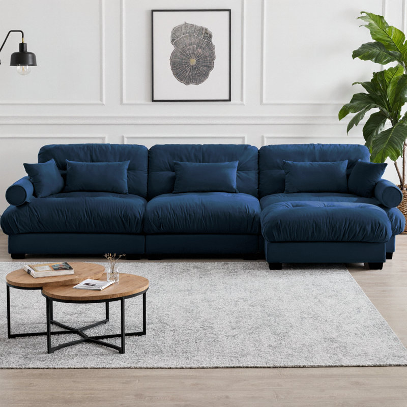 Canapé modulaire en L surdimensionné en velours avec repose-pieds mobile Comfort, Blue Velvet
