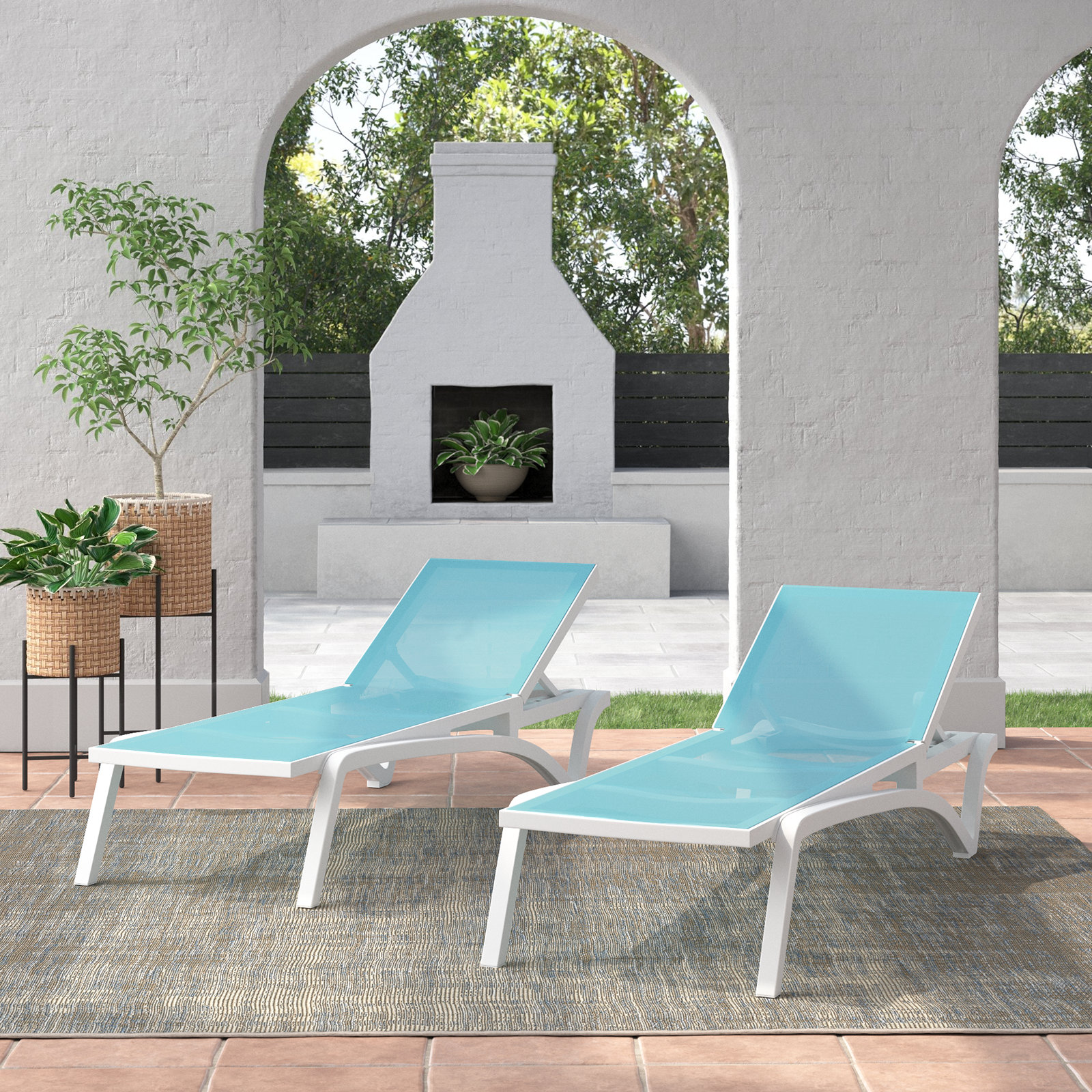Estes 27" Patio Chaise Lounge, White/Turquoise