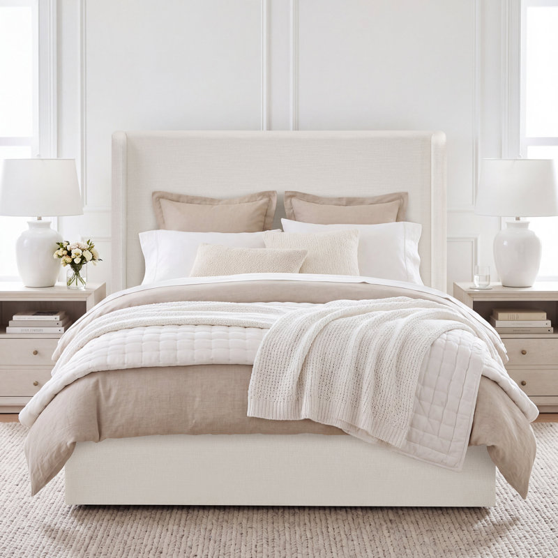 Carmen Upholstered Wingback Bed, King, Ivory Canvas