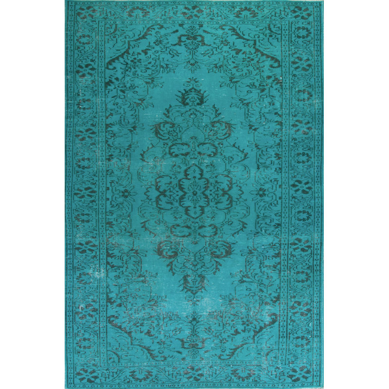 Tapis turc bleu turquoise surdimensionné à la main 6 x 10,2 pi