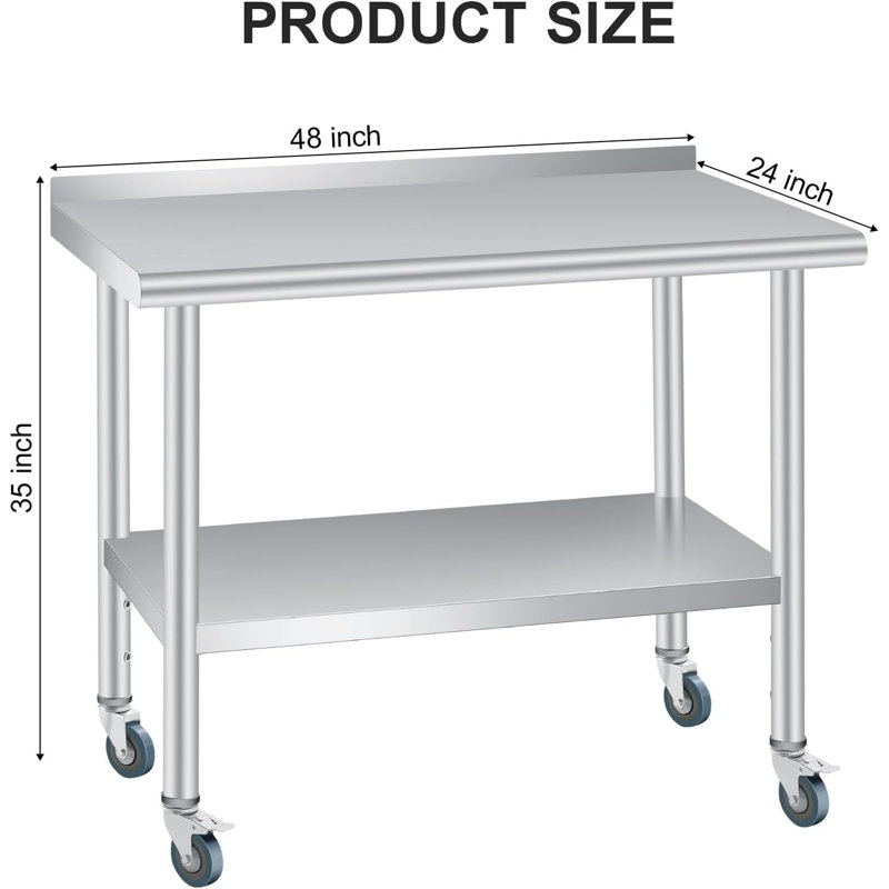 Stainless Steel Table for Prep & Work with Backsplash, Adjustable Undershelf & 4 Locking Caster Wheels, Metal Commercial Worktable for Restaurant Kitchen & Food Service