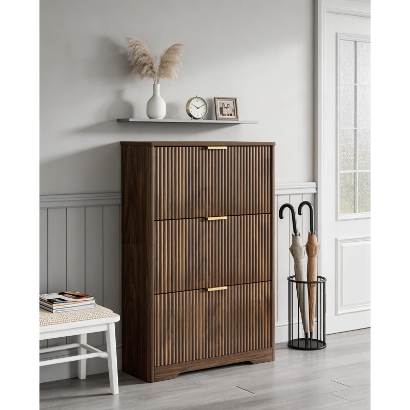 Luxury Walnut Shoe Storage Cabinet - 3 Tilt-Out Compartments & Open Display Shelf, Walnut Wood, 54.4" H x 31.6" W x 9.6" D 