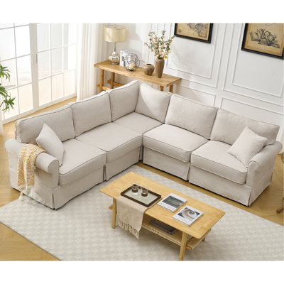 [VIDEO PROVIDED]   Modular Sectional Sofa Set,Convertible L Shaped Couch ,5 Seat,Reversible Sectional Sofa Couch,Upholstered,Corner Sofa,Rolled Arms,Soft Linen Fabric,  Beige