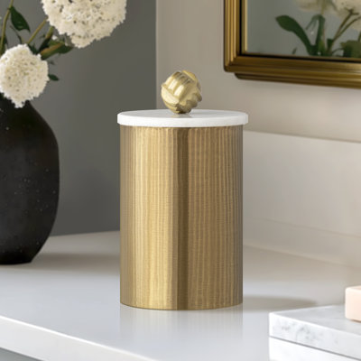 9" Ribbed Brass Aluminum Jar With Marble Lid