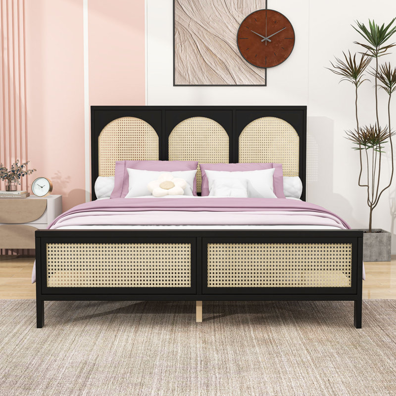 Lit plateforme avec tête de lit en bois et rotin, Noir / Beige, Grand lit