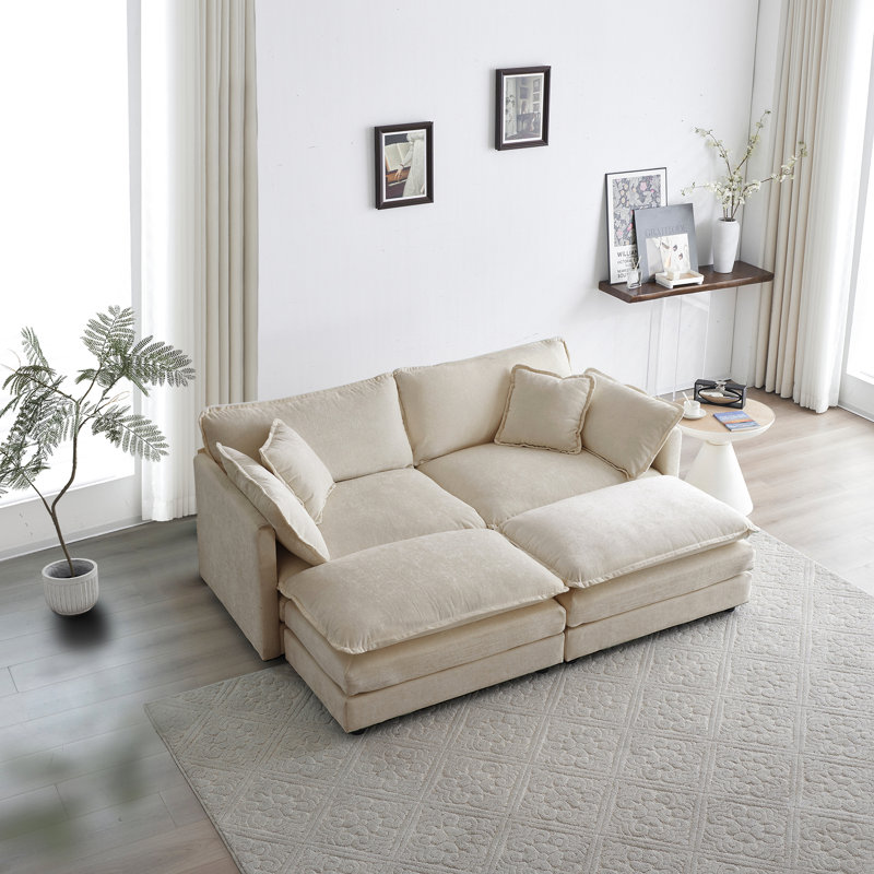 Chenille beige 2 places avec repose-pieds et canapé modulaire rembourré en éponge confortable