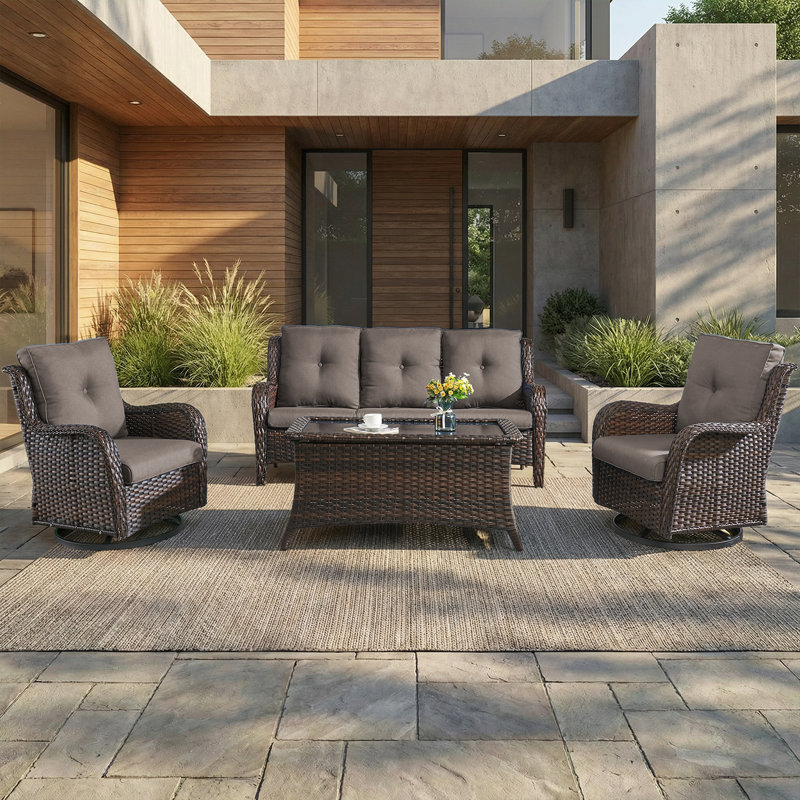 Patio Furniture Set 4 Pieces, Outdoor Wicker Furniture With Coffee Table, Modern Rattan Patio Chairs Conversation Sets With Sofa For Garden, Terrace, Porch, Balconies, Lawns