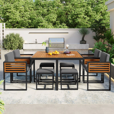 9-Pieces Acacia Wood Patio Dining Set, Space Saving Outdoor Patio Set, 4 Cushioned Chairs & 4 Ottomans & 1 Square Table, For Backyard, Garden, Deck And Poolside