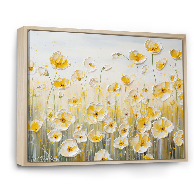 Buttercups Floral Array Field sur impression sur toile, H 34 po x l 44 po x P 1,5 po, Cadre naturel flottant