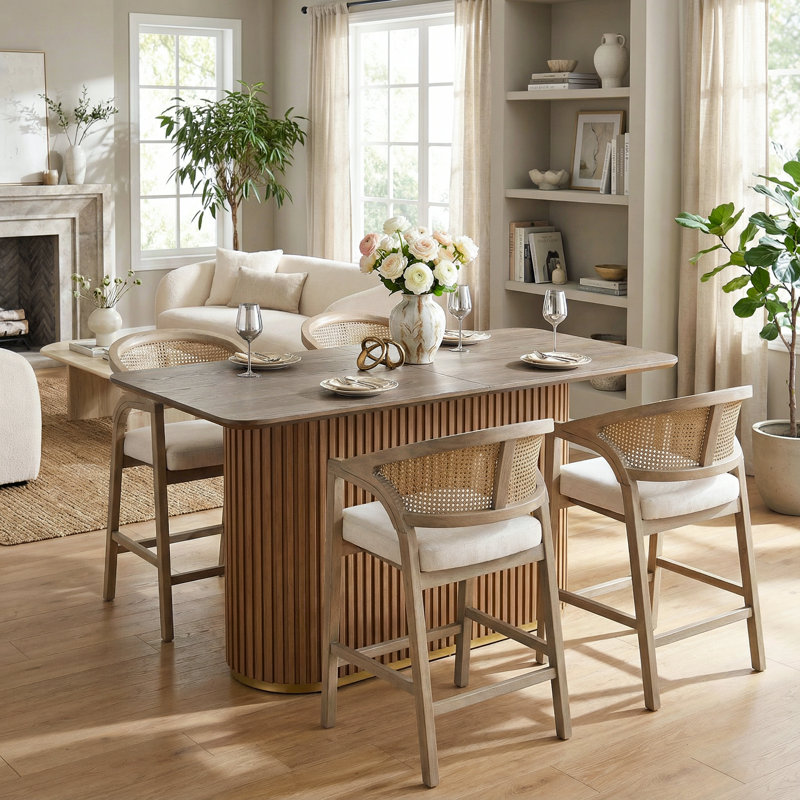 Kyra 5-Piece Mid-Century Modern Rubberwood Counter Bar Set With Rattan Back Stools, Beige/Light Ash, Light Ash