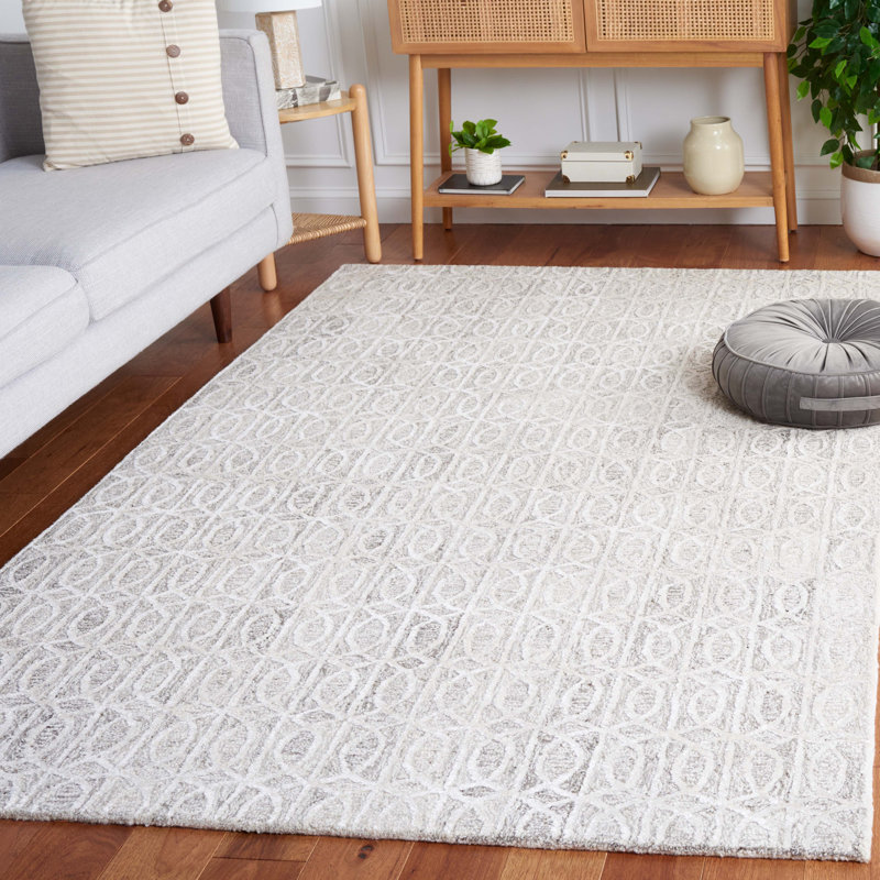 Tapis géométrique ivoire / beige en coton et viscose en laine touffetée à la main Ebony, Rectangle 5 pi x 8 pi
