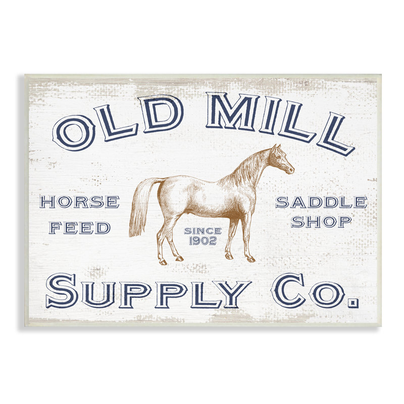 Ancienne publicité d'alimentation du cheval Old Mill, Bois naturel, H 13 po x l 19 po x P 0,5 po